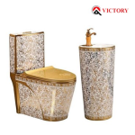 COMBO BÀN CẦU LAVABO MẠ HOA VĂN VÀNG VICTORY 01