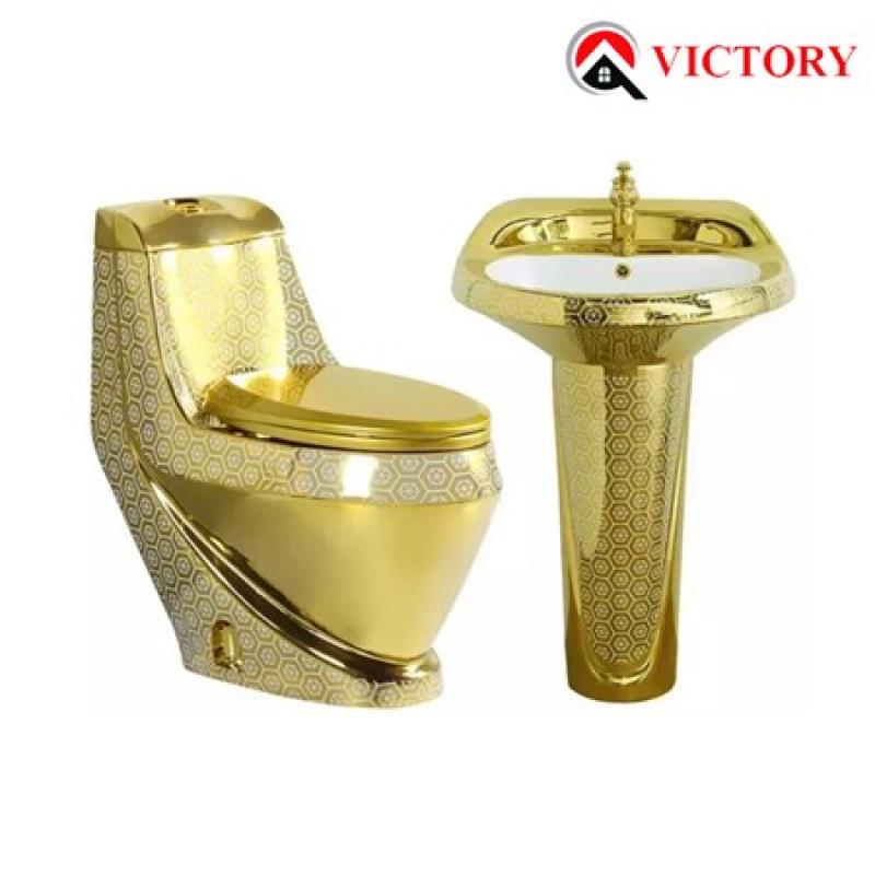 COMBO BÀN CẦU LAVABO MẠ HOA VĂN VÀNG VICTORY 02